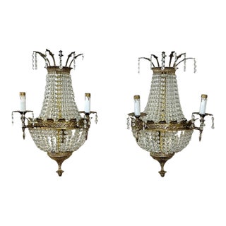 Pair of Vintage Hollywood Regency Crystal Waterfall Brass Sconces With Shell Motif For Sale