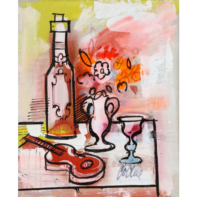 Charles Cobelle, Still Life With Violin and Bottle , Acrylic on Canvas, Signed Lower Right For Sale