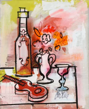 Charles Cobelle, Still Life With Violin and Bottle , Acrylic on Canvas, Signed Lower Right