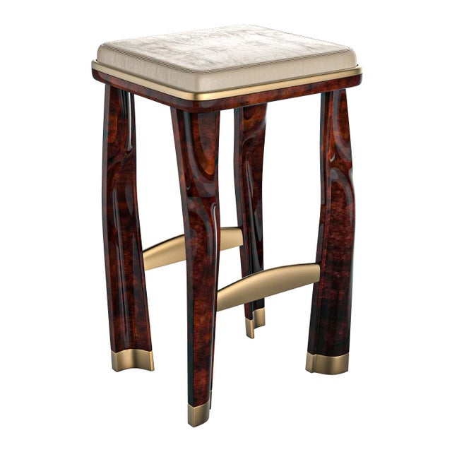 "Pera" Bar Stool With Burl Walnut and Bronze Details, Hand Crafted For Sale In Los Angeles - Image 6 of 8