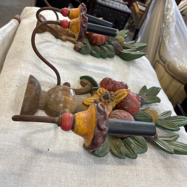 Pair of Carved Wood Fruit Basket Wall Sconces For Sale In Atlanta - Image 6 of 12