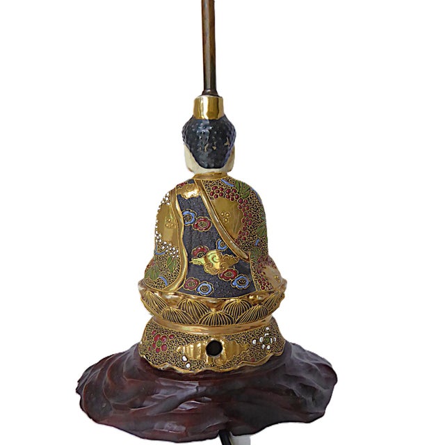 1950s Satsuma Pottery of Meditating Buddha Figure, Decorated Ceramic Table Lamp Japan 1950s For Sale - Image 5 of 15
