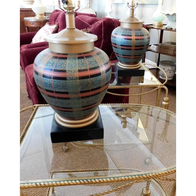 Frederick Cooper 1980s Frederick Cooper Ovoid-Form Lamps With Plaid Decoration - a Pair For Sale - Image 4 of 8