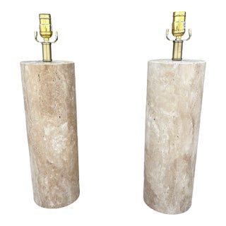 1970s Italian Modern Travertine Cylinder Lamps - a Pair For Sale