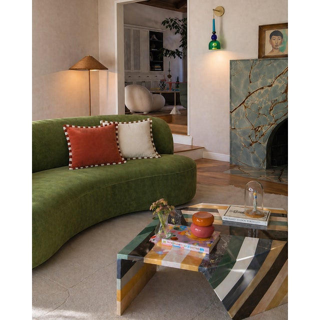 Contemporary Bicolor Brick Velvet Cushion with Brick and White Fringes by Lo Decor For Sale - Image 3 of 8
