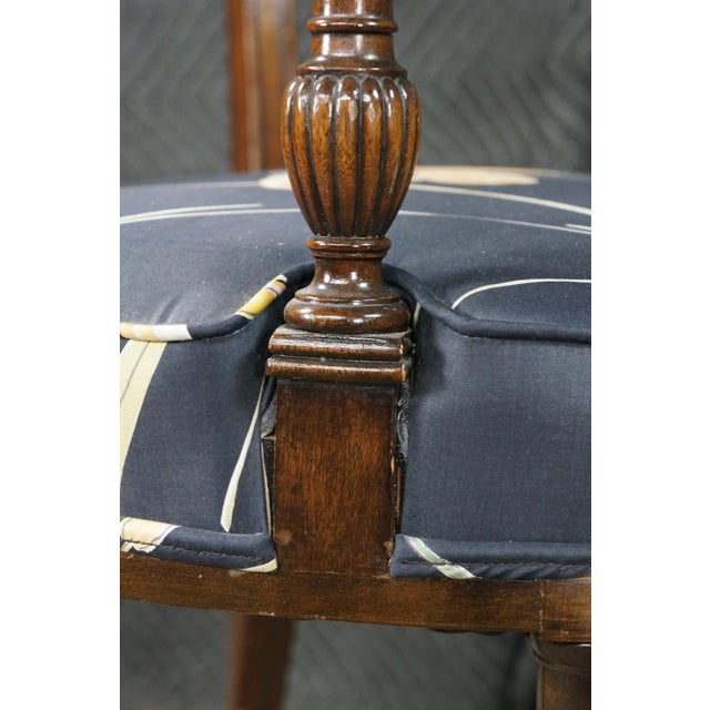 2 Antique English Sheraton Regency Style Mahogany Inlaid Floral Silk Arm Chairs For Sale - Image 10 of 18
