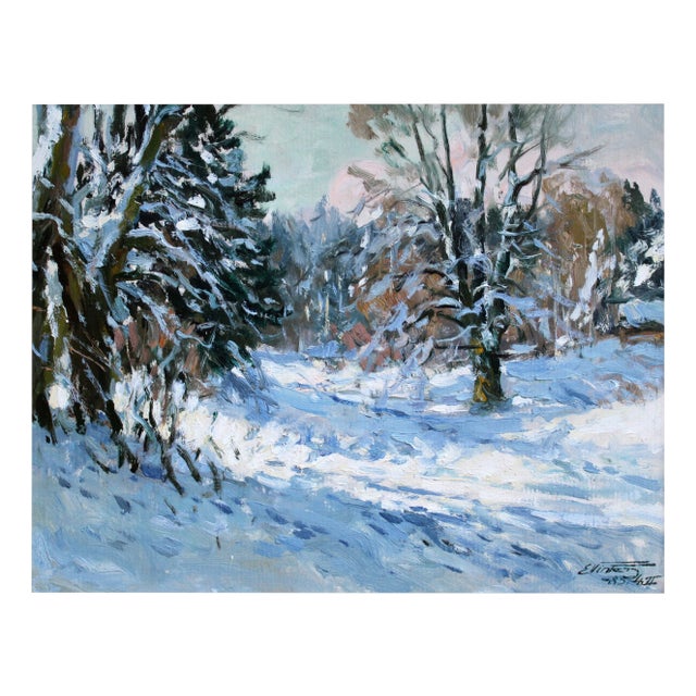 Edgars Vinters, Sunny Winter Landscape, 1985, Oil on Cardboard For Sale