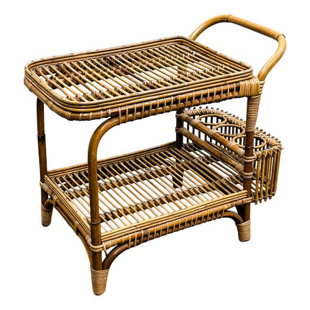 Vintage Italian Rattan Bar Cart with Bottle Holder, 1970s For Sale