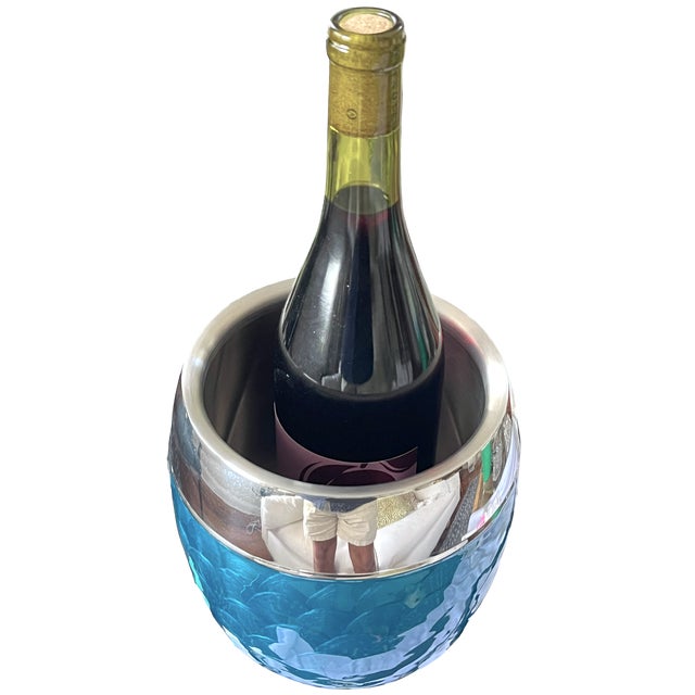 1970s Vintage Aluminum Chrome and Turquoise Guilloché Effect and Ice Bucket / Wine Chiller With Lid – 1970s Modern Italian Barware For Sale - Image 5 of 7