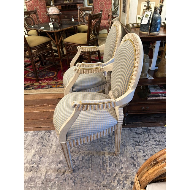 Carved Painted Wood French Country Upholstered Bergere Chairs - A Pair For Sale - Image 11 of 14