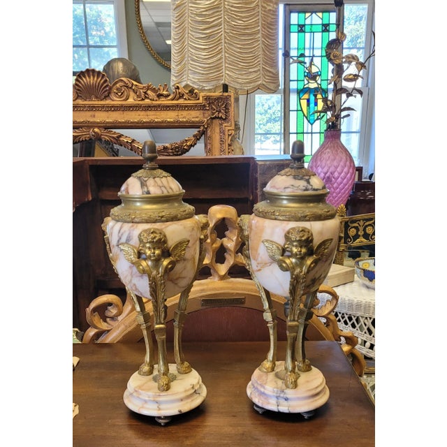 A Pair 19th Century Marble & Gilt Bronze Decorative Urns For Sale - Image 9 of 12