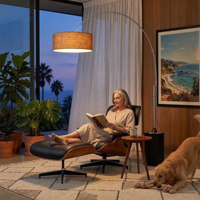 The Tambo Arc Lamp is a Mid-Century Modern floor lamp designed by Peter Morelli in 1984, featuring a satin nickel finish...