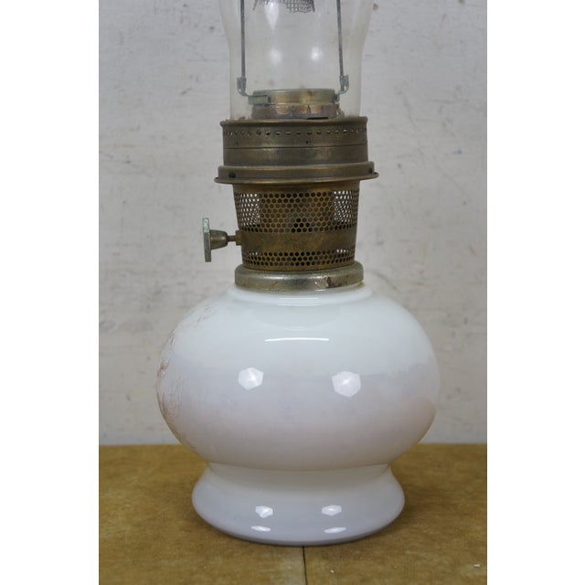 Aladdin Co. 1970's Aladdin #23 Milk Glass Floral Kerosene Hurricane Oil Lamp Lantern 21" For Sale - Image 4 of 15
