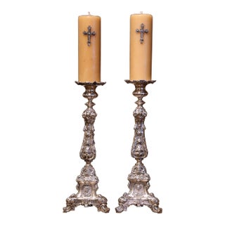Pair 19th Century French Louis XV Silvered Church Candlesticks With Wax Candles For Sale