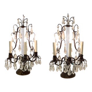 1940s Crystal Girandole Table Lamps, Bronze Finish, Made by Boler Accent Lighting - A Pair For Sale