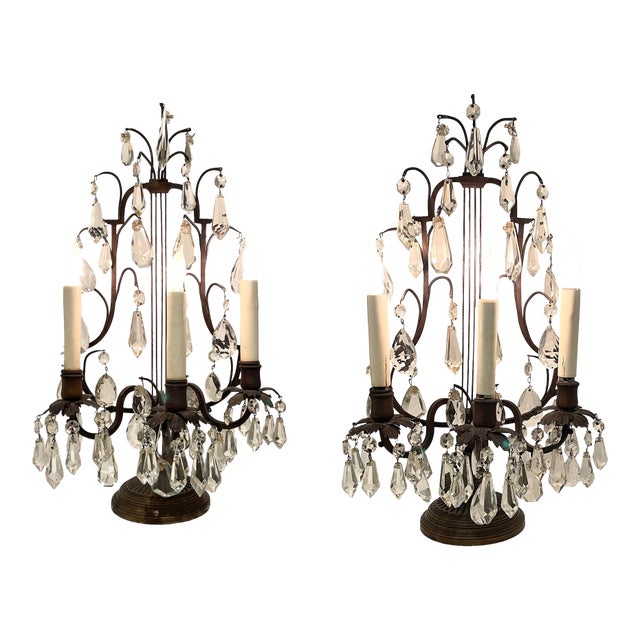 1940s Crystal Girandole Table Lamps, Bronze Finish, Made by Boler Accent Lighting - A Pair For Sale