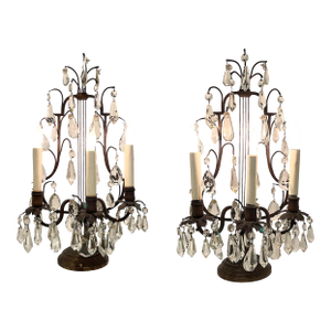 1940s Crystal Girandole Table Lamps, Bronze Finish, Made by Boler Accent Lighting - A Pair