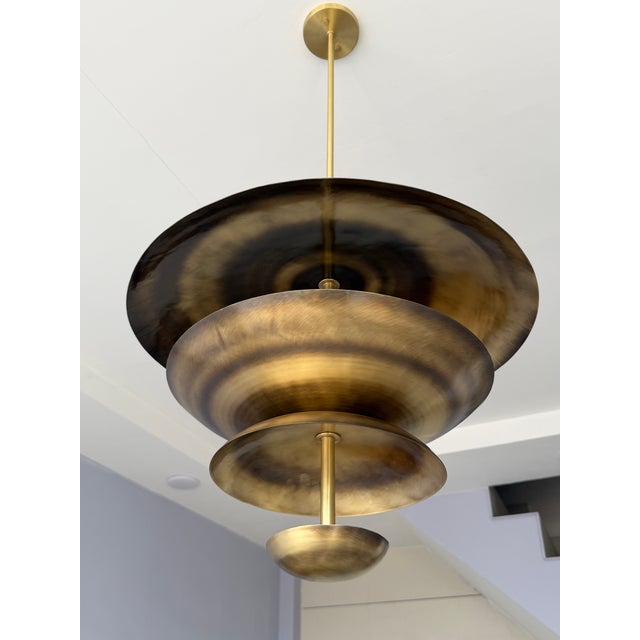 Metal Handmade Solid Brass Tiered Chandelier: Modern Sculptural Pendant Light Fixture For Sale - Image 7 of 15