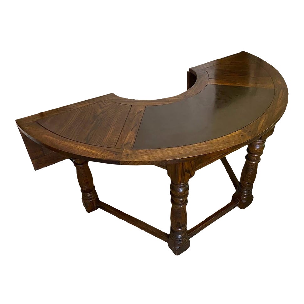 1950s Jacobean Style Demilune Half Moon Curved Oak Drop Leaf Executive