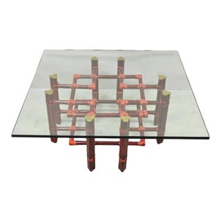 Vintage McGuire Red Rattan Bamboo and Brass Glass Top Square Coffee Table For Sale