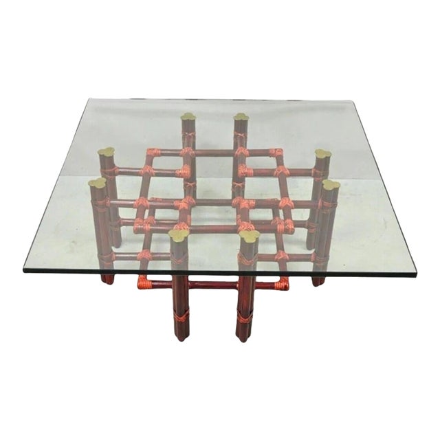 Vintage McGuire Red Rattan Bamboo and Brass Glass Top Square Coffee Table For Sale