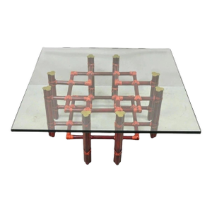 Vintage McGuire Red Rattan Bamboo and Brass Glass Top Square Coffee Table