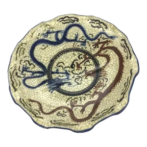Rare Asian Crackle Finished Ceramic Clay Pottery Bowl Dragon Among Clouds