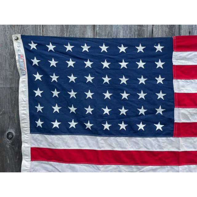 American Antique 48 Star American Flag Sewn Stars and Stripes Faded Colors Tea Stained Patina For Sale - Image 3 of 8