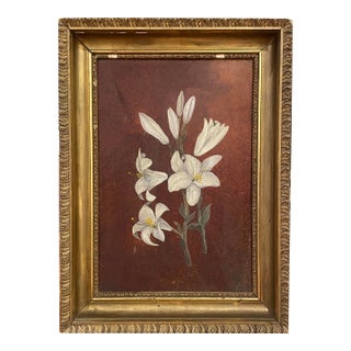 1800s Oil on Panel Still Life of White Lilies in a Period Gilded Frame For Sale