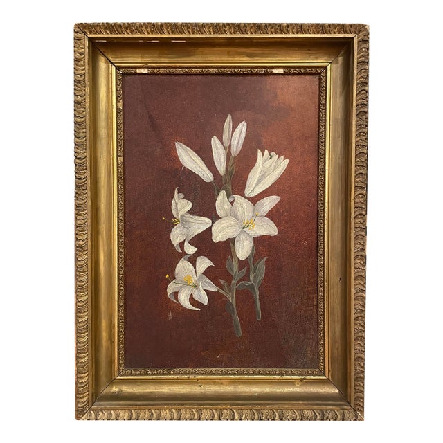 1800s Oil on Panel Still Life of White Lilies in a Period Gilded Frame For Sale