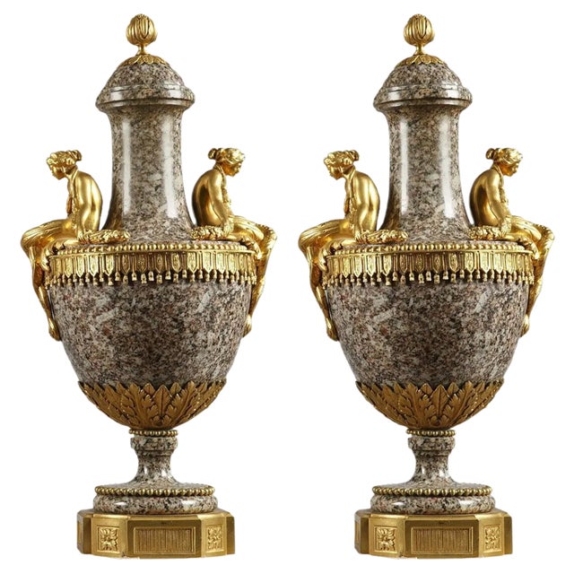 Mid-19th Century Vases in Ural Granite and Gilt Bronze, Set of 2 For Sale