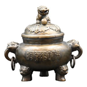 Mid 20th Century Vintage Chinese Bronze Censer With Foo Dog, Bat Motifs & Heart Sutra