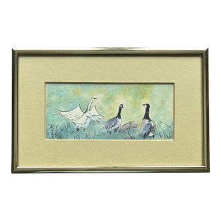 Miniature Original Watercolor of Geese in a Field For Sale