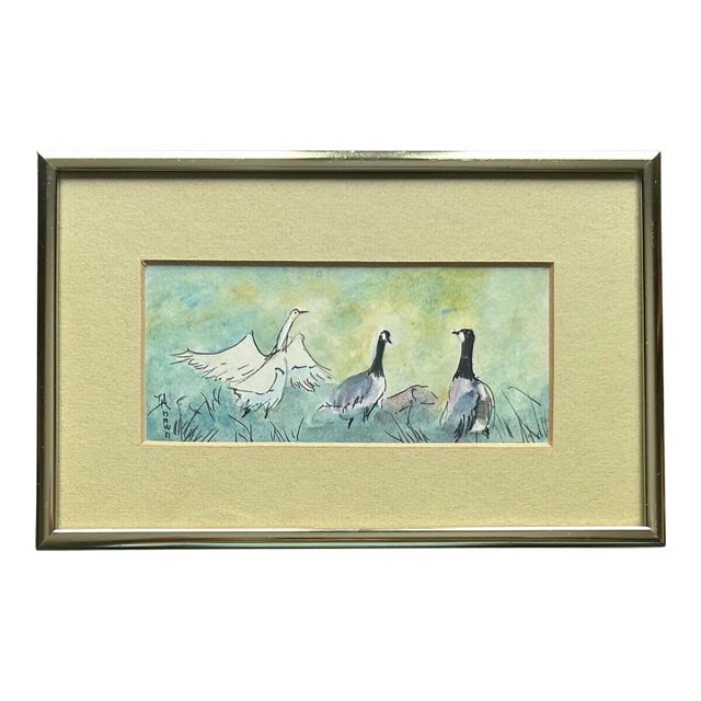 Miniature Original Watercolor of Geese in a Field For Sale