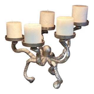 Silver-Finished Cast Metal Octopus Candelabra / Pillar Candle Holder. For Sale