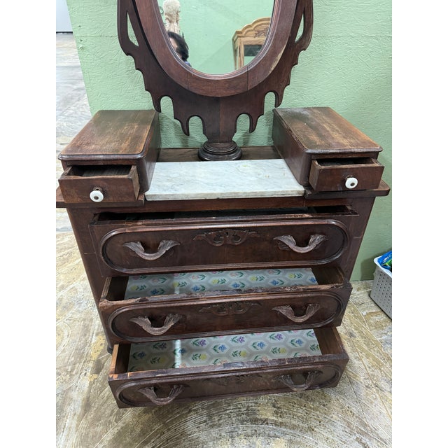 Antique Victorian Dresser With Marble Insert & Oval Swivel Mirror For Sale - Image 4 of 6
