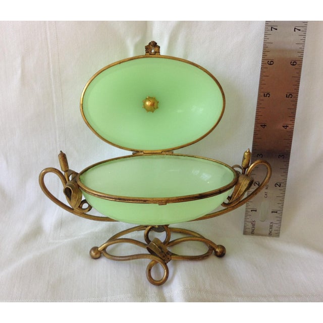 French Art Glass Green Opaline Casket or Jewelry Box with Ornamental Ormolu Support This luminous egg-shaped glass Casket...