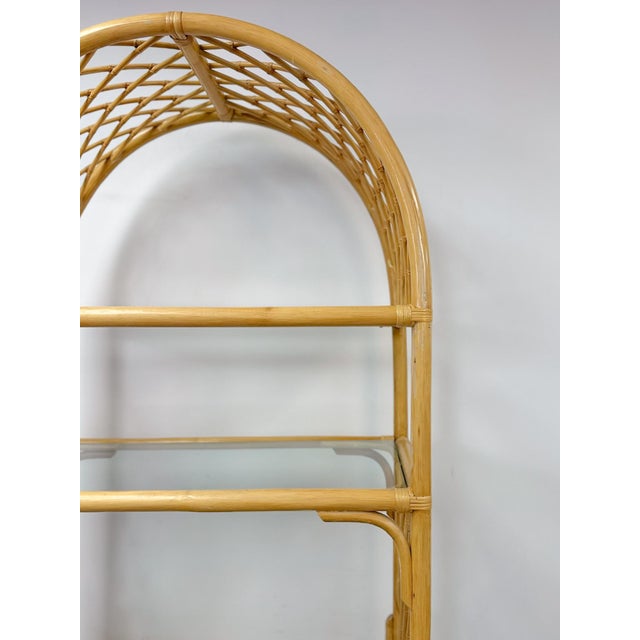 Vintage Arched Rattan Wicker Bamboo Shelf Hollywood Regency Coastal 5 Shelves For Sale In Tampa - Image 6 of 15
