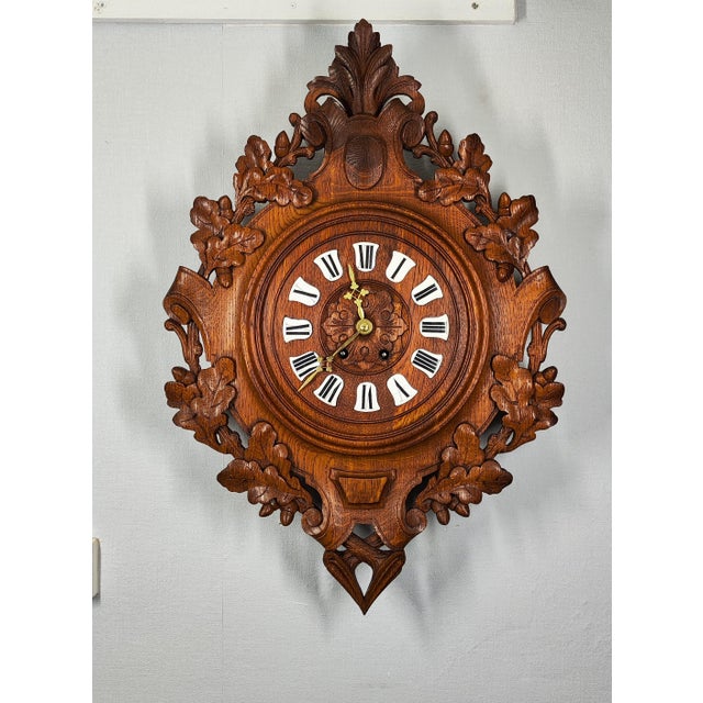 1855 Grand and Imposing Chime Carved Wooden Cartel Clock and Enameled Cartridges by Vincenti & Cie For Sale - Image 4 of 7