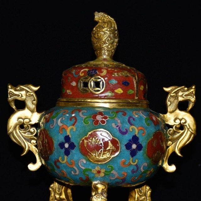 Metal Elegant Vintage Chinese Cloisonné Enamel & Gilt Bronze Tripod Censer on Stand For Sale - Image 7 of 9