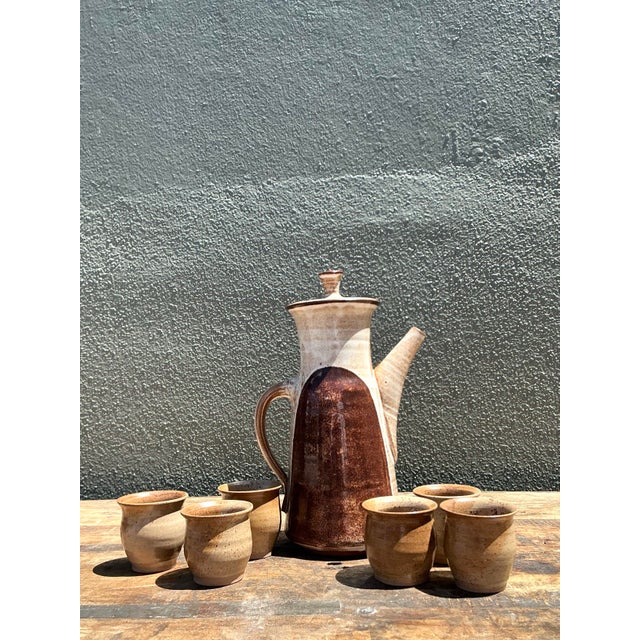 Vintage Original Studio Pottery Tall Teapot With Cups For Sale - Image 11 of 12