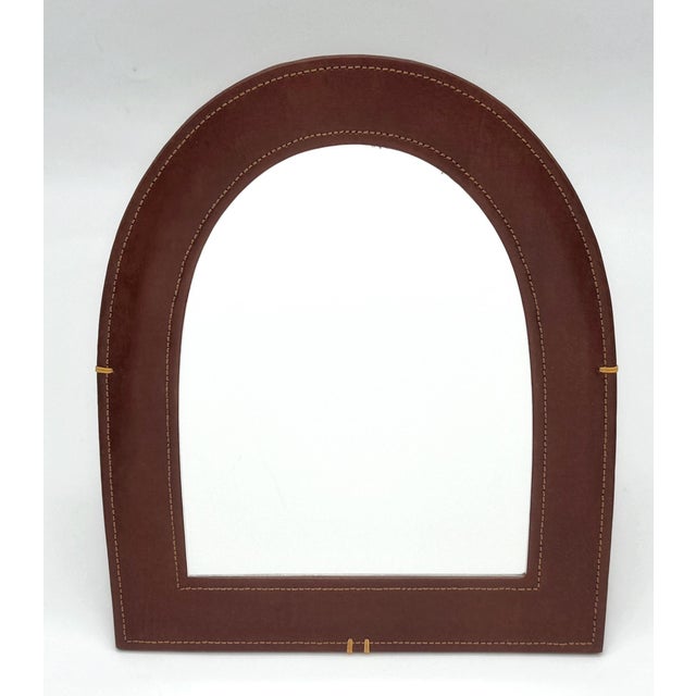 French Modern Leather-Wrapped Arched Tabletop Mirror, Style of Jacques Adnet For Sale - Image 12 of 18