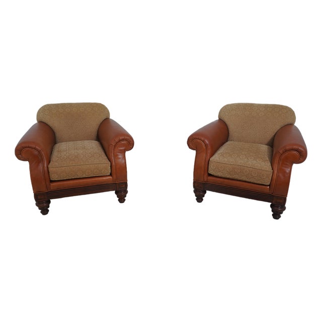 Pair of Hickory White Leather and Fabric Club Chairs For Sale