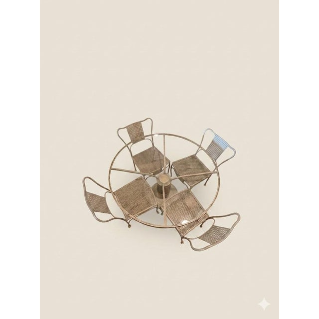 Metal 1950s Verdigris Hollywood Regency Mid-Century Wrought Iron Patio Dining Set, 5 Pieces For Sale - Image 7 of 8