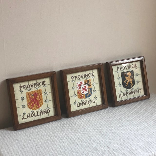 Vintage Dutch Provincial Coat of Arms Needlework Textile Art — Set of Three For Sale In Baltimore - Image 6 of 10