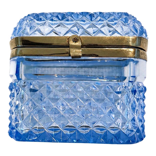Blue Cut Glass With Silver Plated Trim Cache Box For Sale