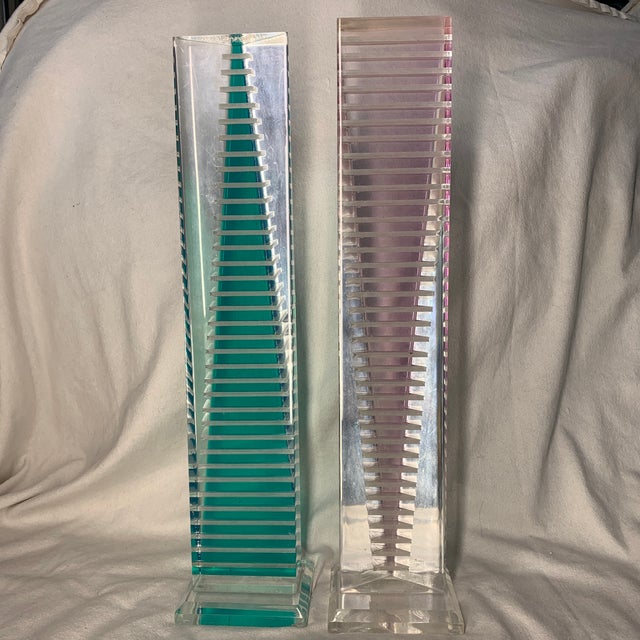 Transparent Shlomi Haziza Geometric Acrylic Tower Sculptures - Pair For Sale - Image 8 of 8