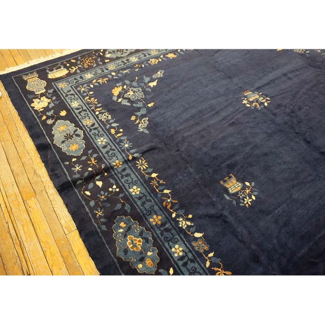 Art Deco 1920s Antique Navy Blue Vase Floral Deco Antique Chinese Peking Knotted Rug For Sale - Image 3 of 9