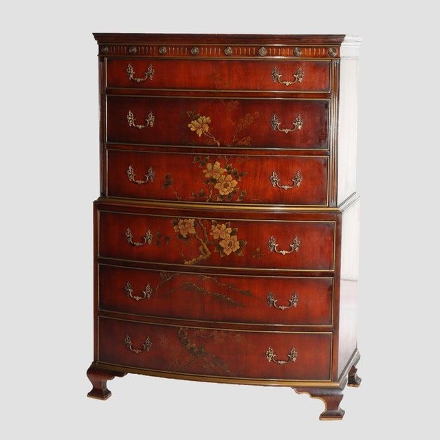 Floral Painted Chinese Chippendale Mahogany Six Drawer Highboy Chest C1920 For Sale - Image 14 of 18