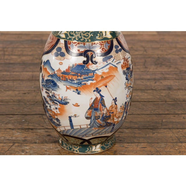 Ceramic Chinese Imari Style Porcelain Altar Vase with Orange, Blue and Green Décor For Sale - Image 7 of 13